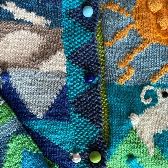 Colorful Hand-Knit Mountain & Sheep Cardigan - Blue/Green Palette - Picture 4 of 7